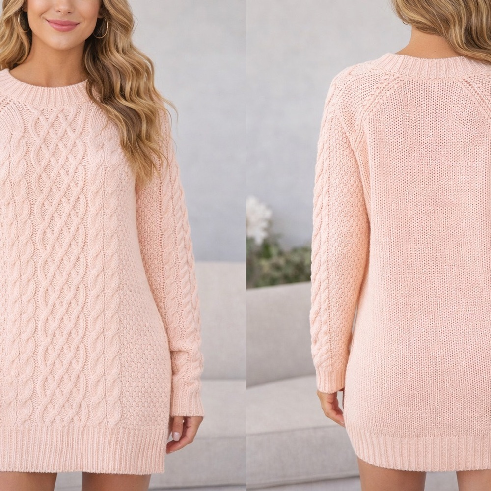 Cozy Pink Cable Knit Sweater Dress